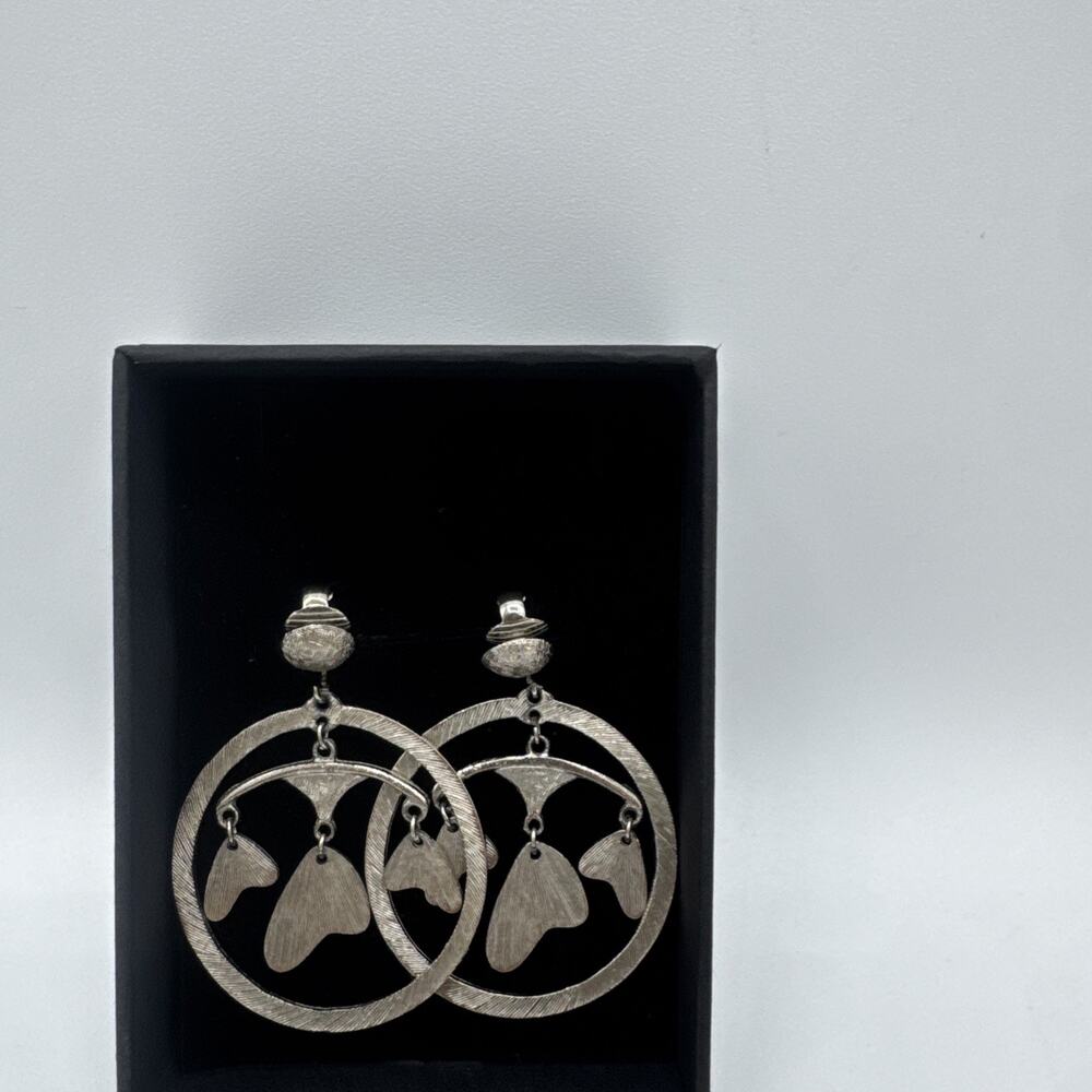Vintage Silver Tone Textured Hoop Dangle Earrings - Boho Artisan